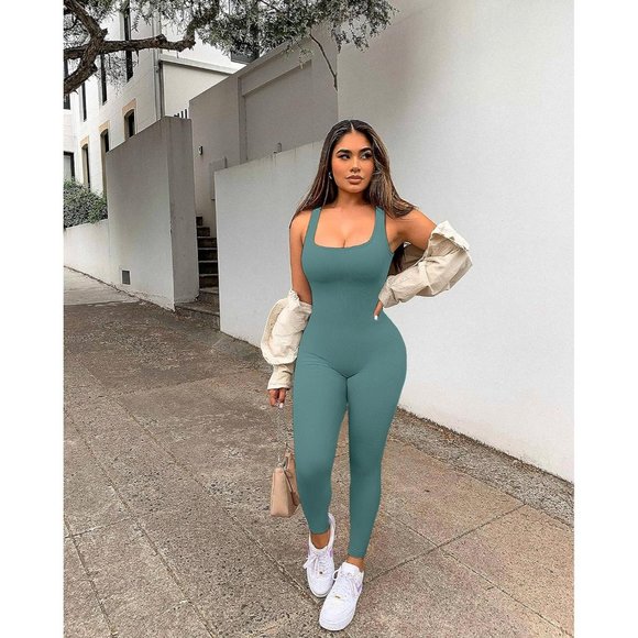 Women Blue One Piece Square Neck Yoga Ribbed Bodycon Leggings Romper - Picture 2 of 5